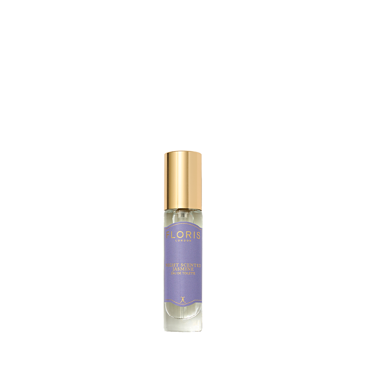 A small glass bottle of Floris London Night Scented Jasmine Eau de Toilette, with a gold cap and white label, rests against a plain white background.