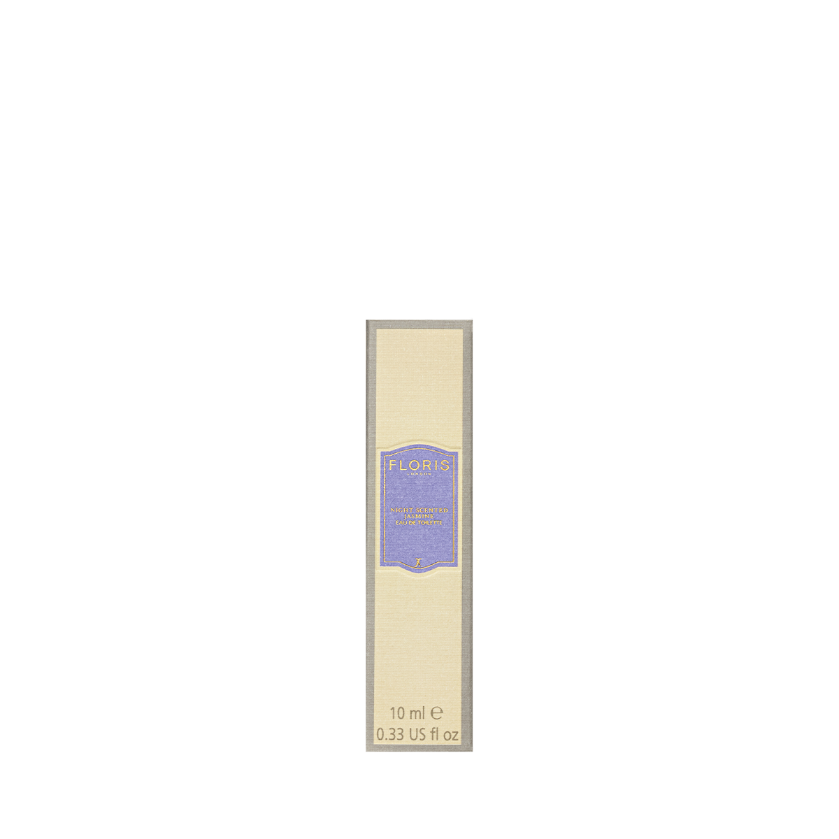 A small beige box of Floris London Night Scented Jasmine Eau de Toilette, with a purple label, stands centered on a plain white background.
