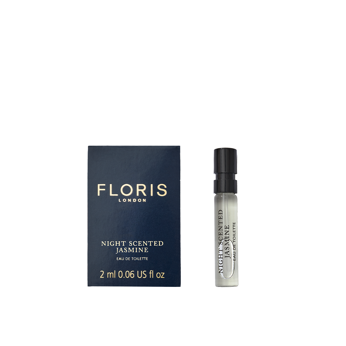 A 2 ml Night Scented Jasmine - Eau de Toilette vial by Floris London rests by its navy and gold box, evoking white jasmine and Mediterranean blooms.