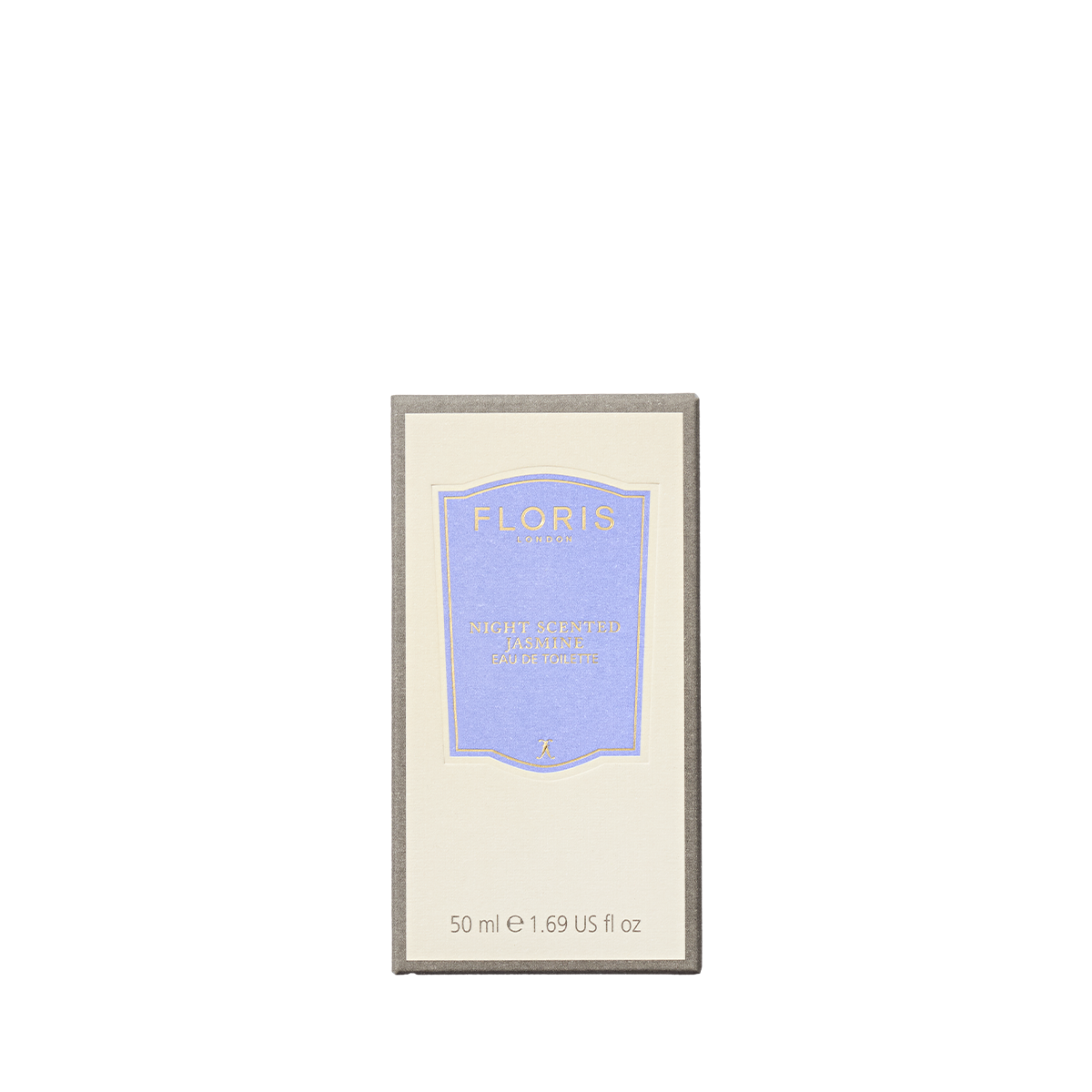 A 50 ml box of Floris London Night Scented Jasmine Eau de Toilette, with Mediterranean floral notes and a cream and light purple label on gray.