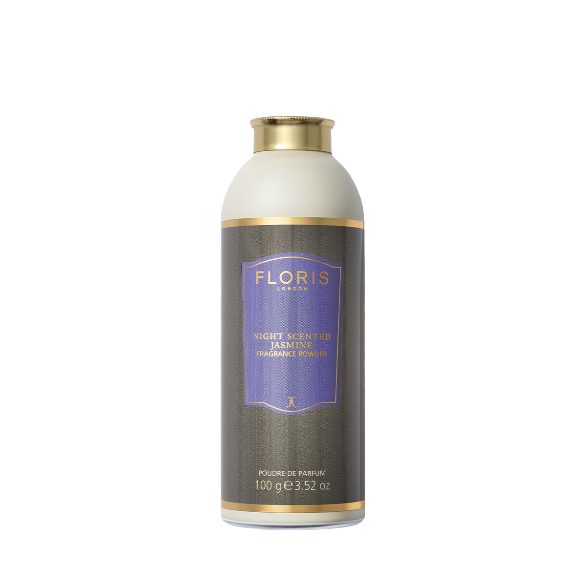 A 100g cylindrical Floris London EU Night Scented Jasmine Fragrance Powder with soothing aloe vera, gold cap, and a purple-gold label on white.