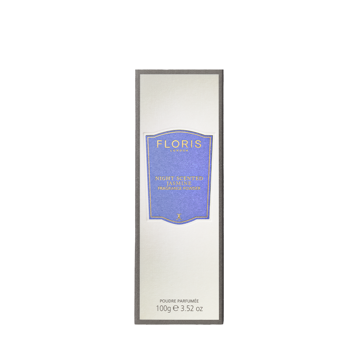 Rectangular box of Floris London EU Night Scented Jasmine Fragrance Powder, 100g, with soothing aloe vera, silver background, and blue front label.