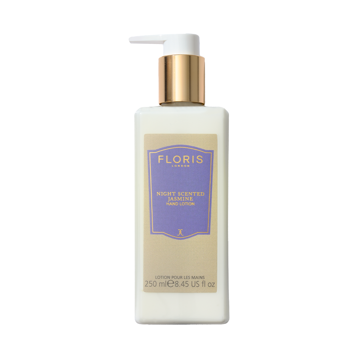 A rectangular white bottle of Floris London EU Night Scented Jasmine hand lotion with a gold pump and blue label, ideal for dry skin.