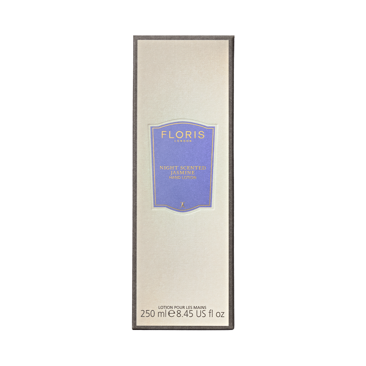 Floris London EU Night Scented Jasmine Hand Lotion, 250ml, with sweet almond oil in a cream and purple label—ideal for dry skin.