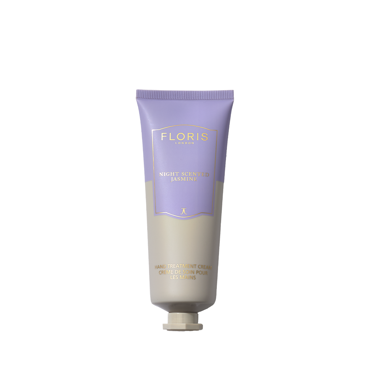 A tube of Floris London EU Night Scented Jasmine Hand Treatment Cream with a lavender and beige design stands upright with a screw cap on white.
