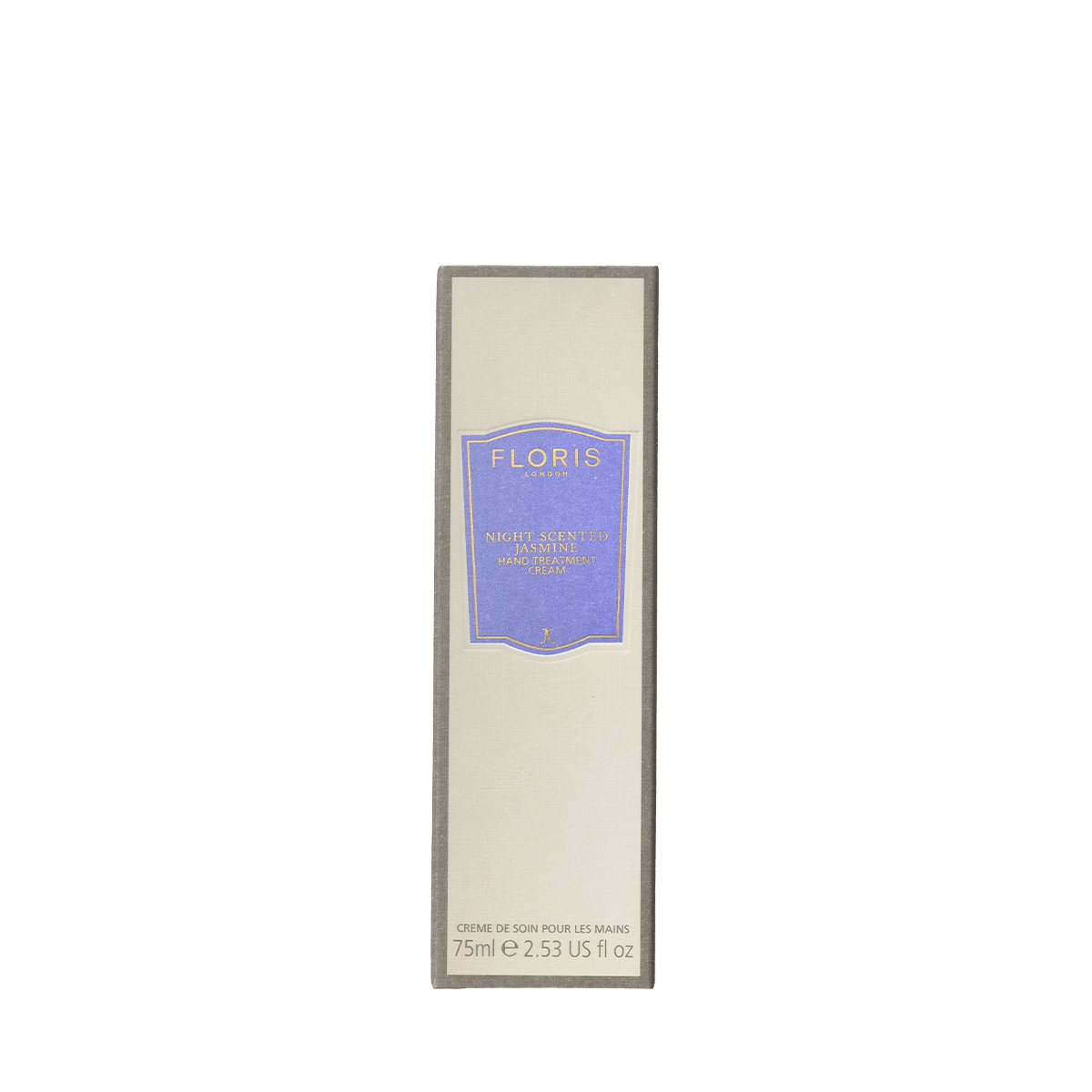 A rectangular beige box with a blue label reads "Floris London EU Night Scented Jasmine - Hand Treatment Cream, 75ml e 2.53 US fl oz" on white.
