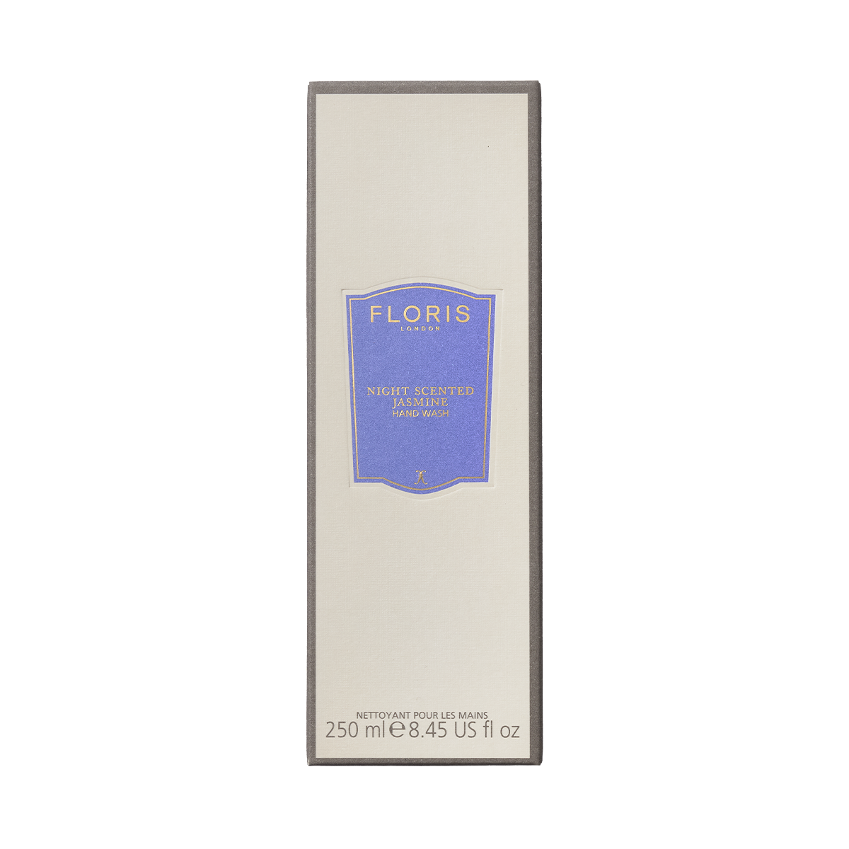Floris London EU Night Scented Jasmine Hand Wash, mild formula with coconut & olive, 250ml beige/gray box with blue and gold label.
