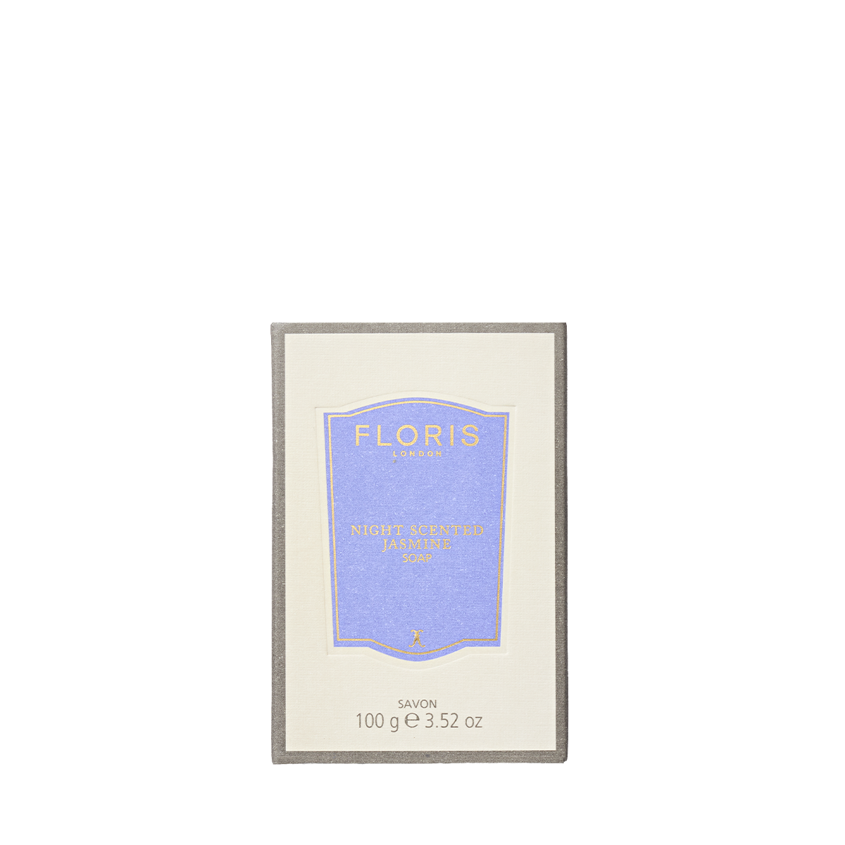 A 100g rectangular box of Floris London EU Night Scented Jasmine Soap with a blue and gold label on a cream background.