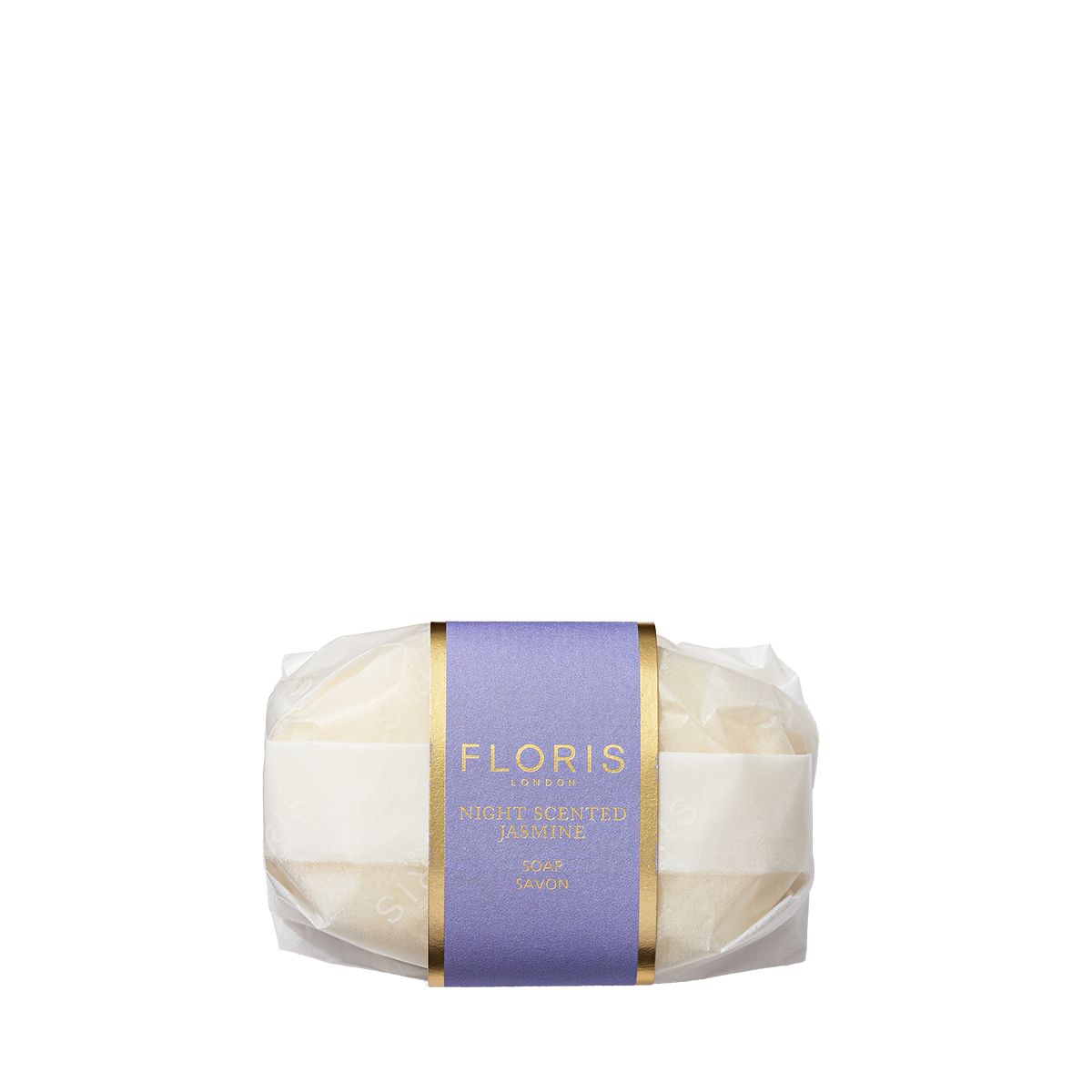 The Floris London EU Night Scented Jasmine Soap, wrapped in a purple and gold label, is shown against a plain white background.