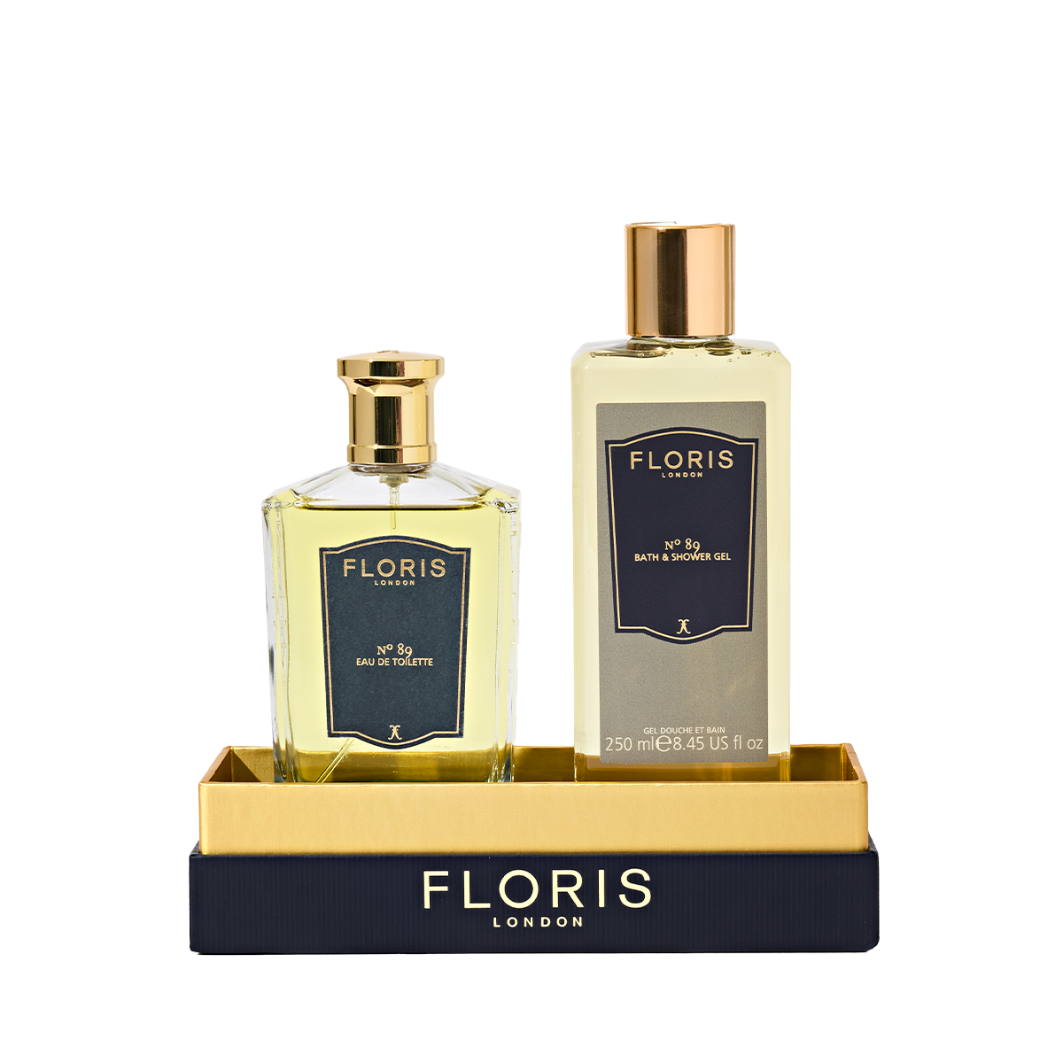 The Icon | No. 89 Duo by Floris London EU features No. 89 Eau de Toilette and Bath & Shower Gel on a matching black and gold tray.