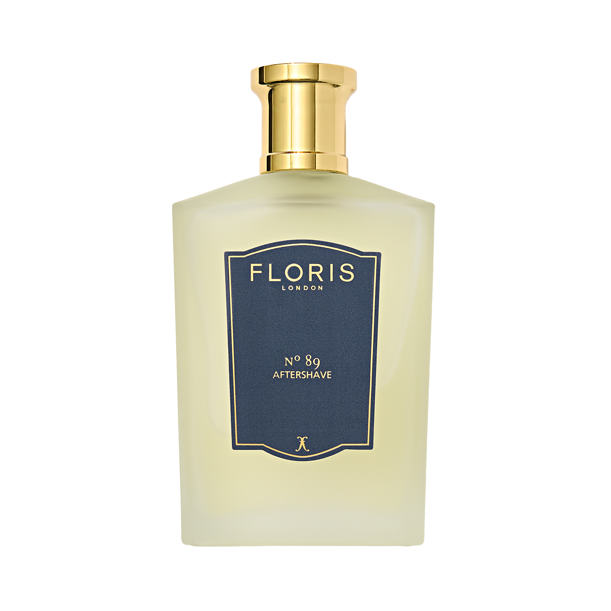 A bottle of Floris London No. 89 Aftershave, featuring a gold cap and blue label, is pictured against a white background.