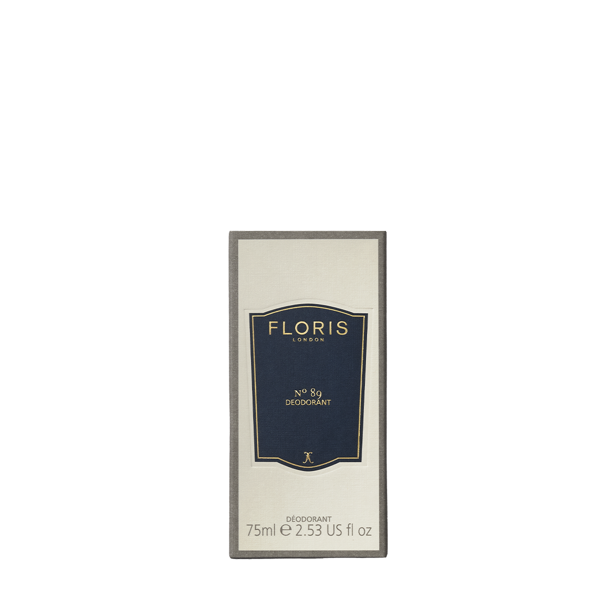 A rectangular box of Floris London EU No. 89 Deodorant Stick with a navy-gold label, aluminium-free, containing 75ml (2.53 US fl oz).