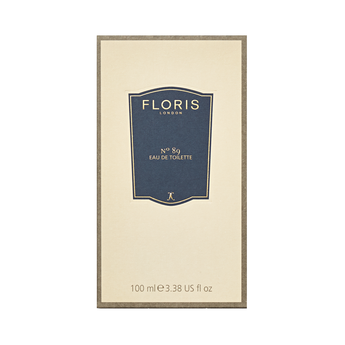 Rectangular box of Floris London No. 89 - Eau de Toilette, a classic men's fragrance, features blue and gold details on beige, 100 ml.
