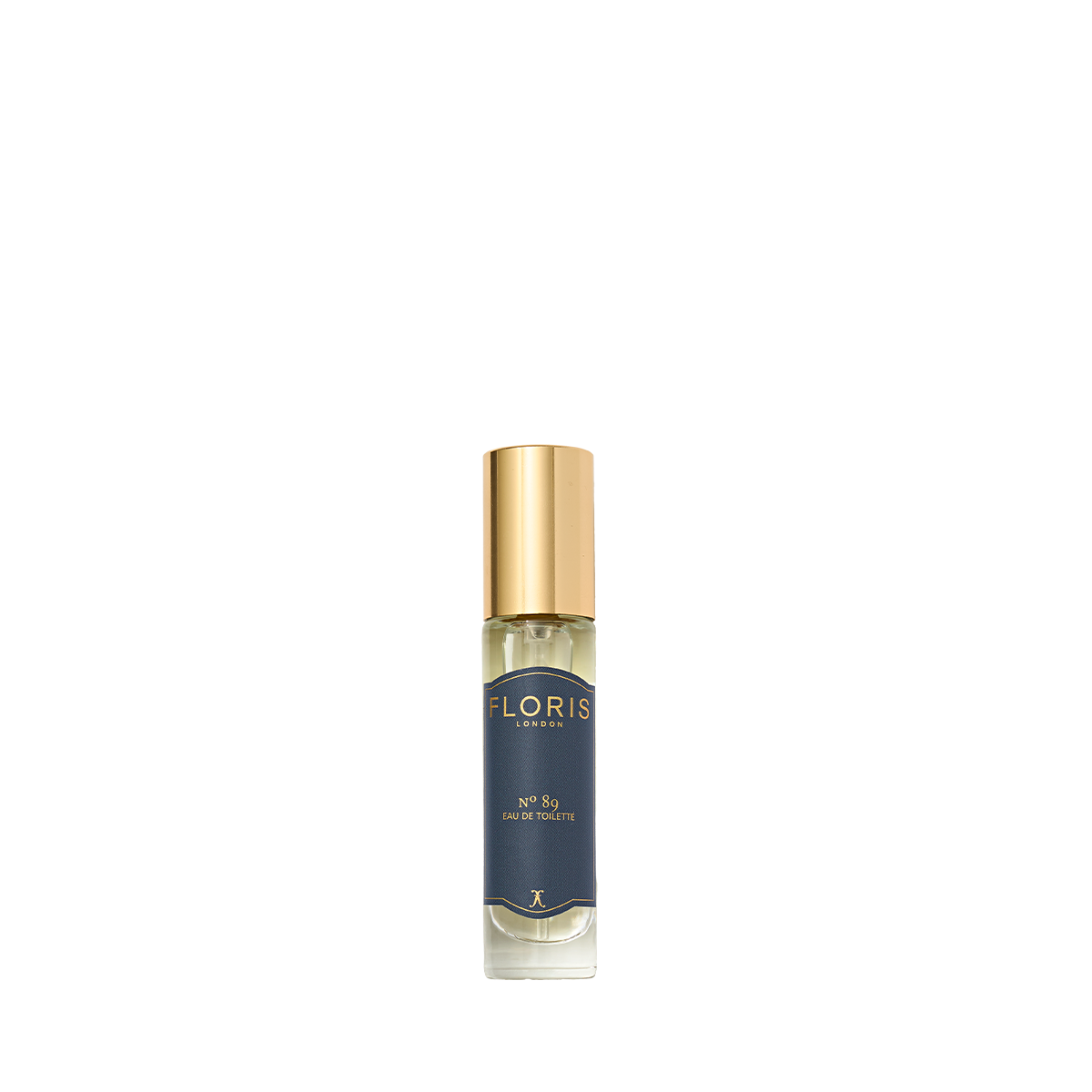 A small glass bottle of Floris London No. 89 Eau de Toilette, featuring a gold cap and dark blue label, is displayed against a light background.