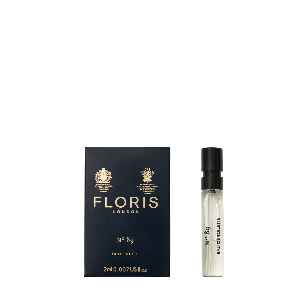 A Floris London No. 89 - Eau de Toilette sample vial stands by its navy-and-gold box, classic and elegant against a plain white background.