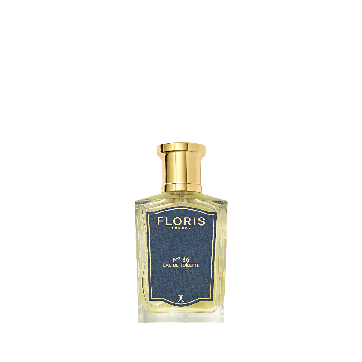 A clear glass bottle of Floris London No. 89 - Eau de Toilette, featuring a gold cap and blue label, displayed against a plain white background.