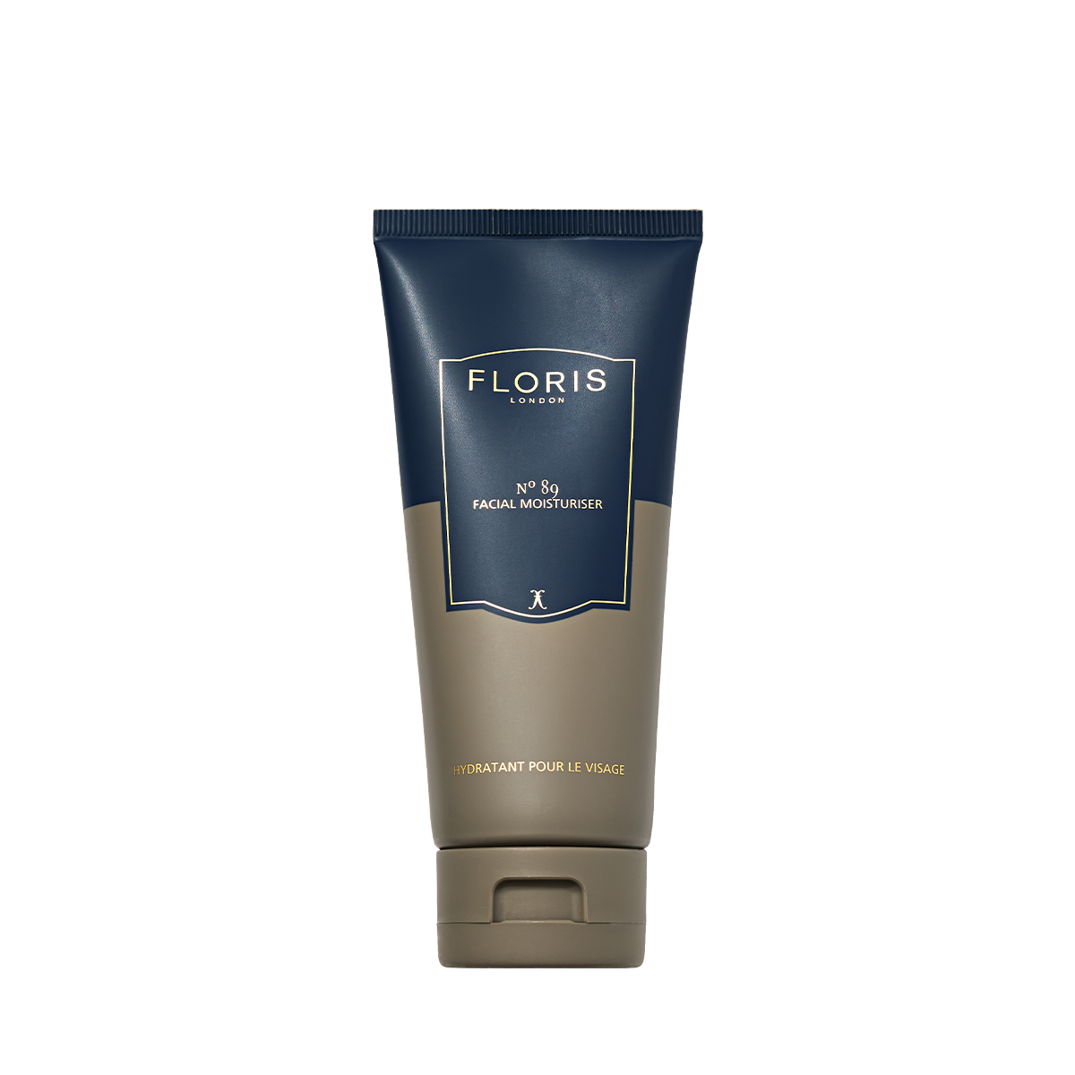 A tube of Floris London No. 89 - Moisturiser with a blue and beige design, featuring a lightweight formula enriched with blackcurrant oil.