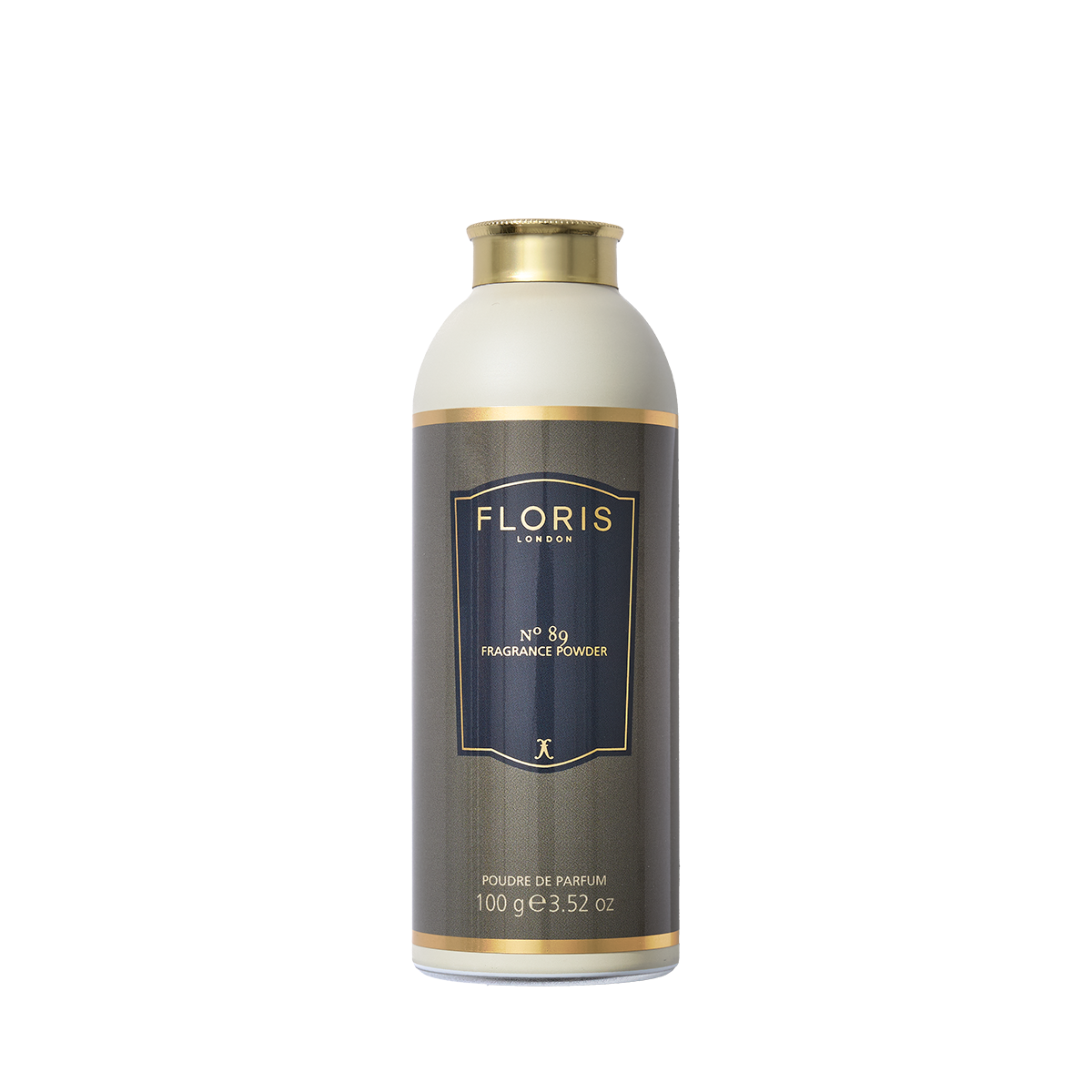 A cylindrical 100g Floris London EU No. 89 Fragrance Powder with aloe vera, gold cap, and dark label, shown on a white background.