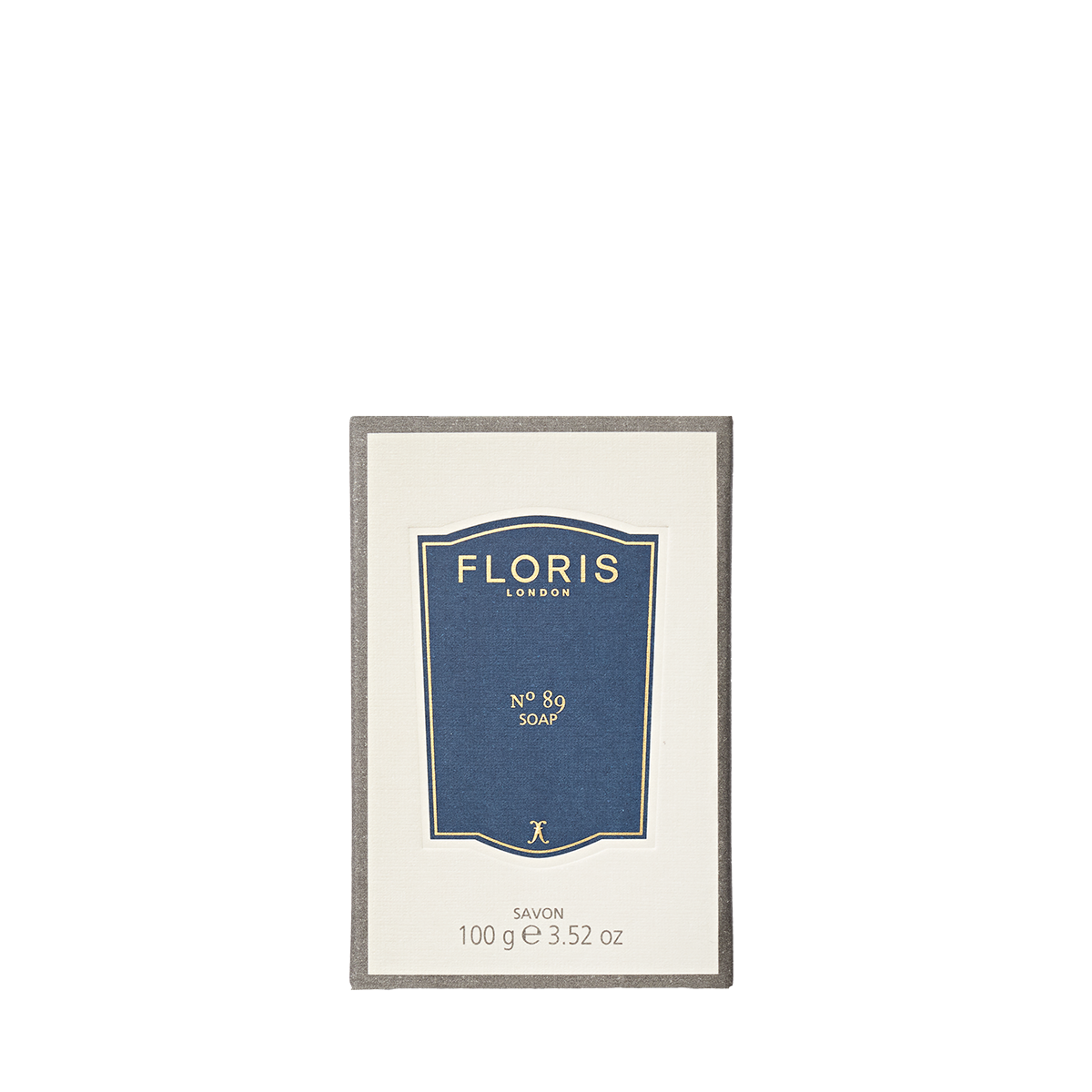 A rectangular Floris London EU No. 89 Soap box with a cream and navy blue label displays its signature scent and 100g (3.52 oz) weight.