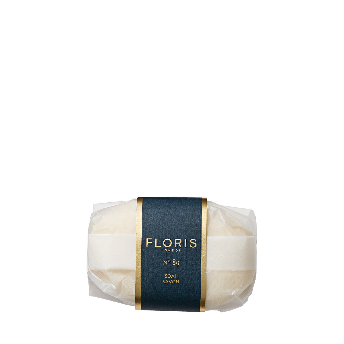 A wrapped bar of Floris London EU No. 89 Soap with a dark blue and gold label is displayed against a plain white background.