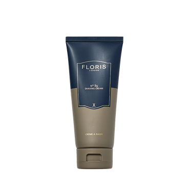 Floris London No. 89 - Shaving Cream, infused with aloe vera and the signature scent, comes in a sleek dark blue and taupe tube with flip-top cap.