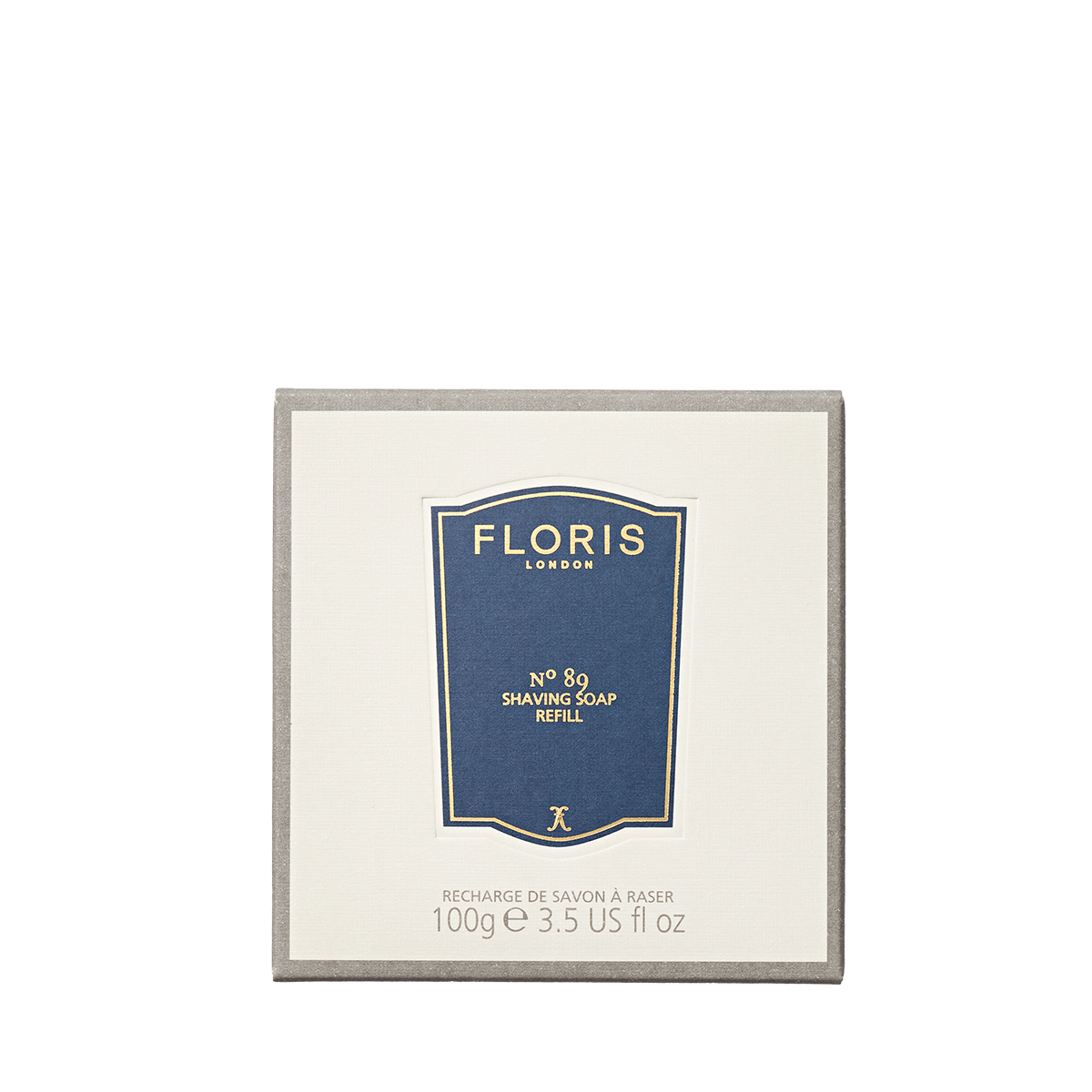A 100g Floris London No. 89 Shaving Soap Refill with a blue and cream label sits against a plain background.