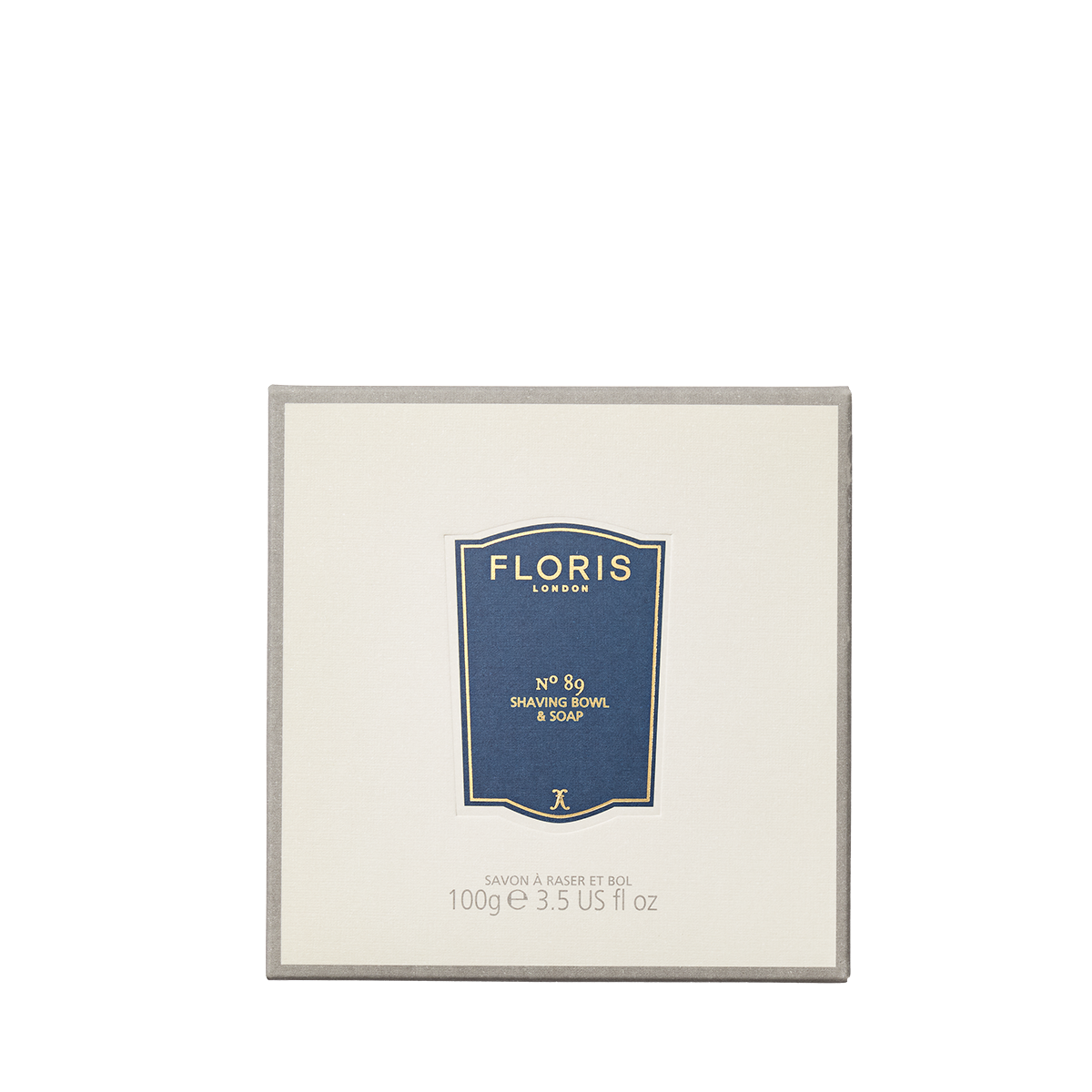 A 100g Floris London No. 89 - Shaving Soap & Bowl, blue and gold label, displayed on a beige background.