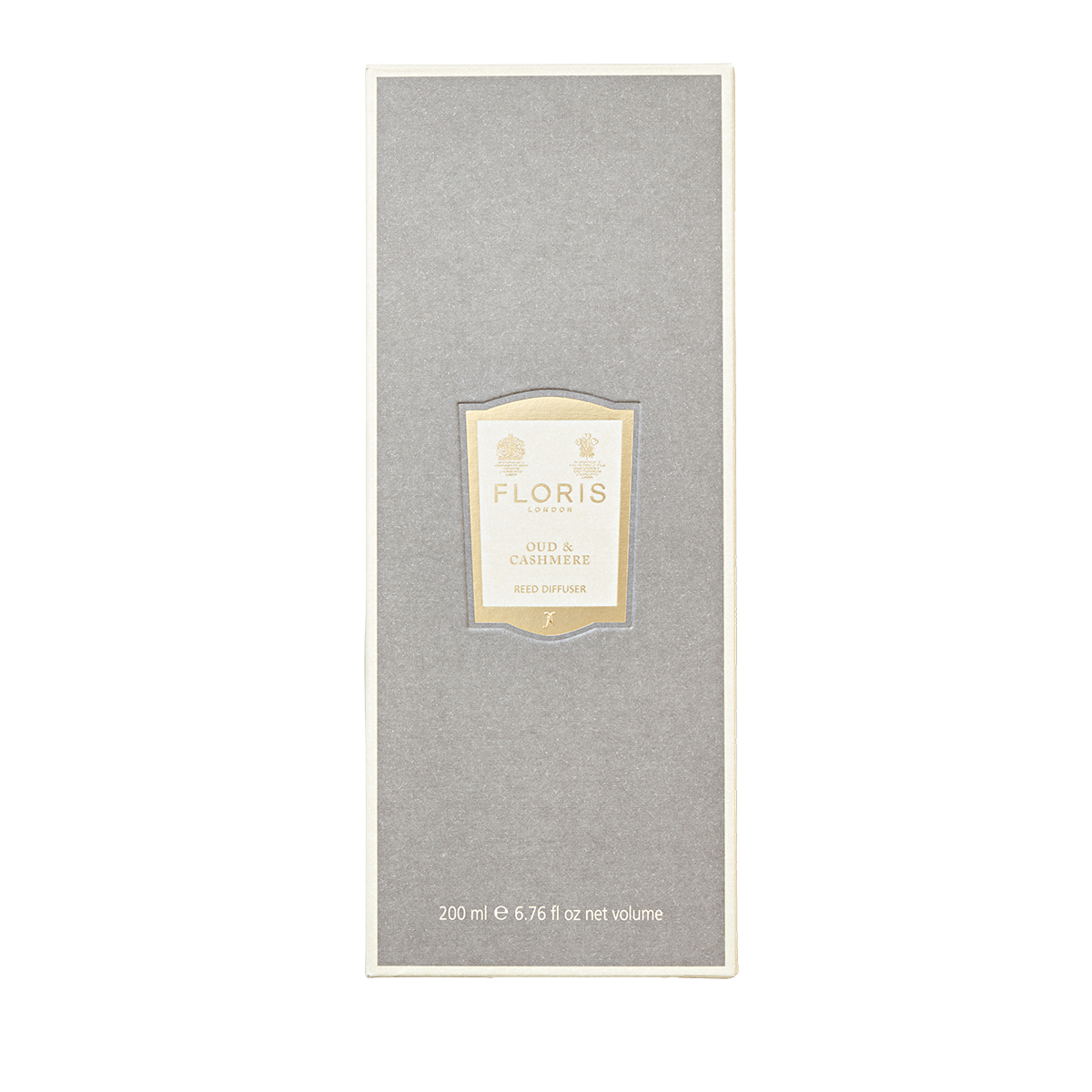 A rectangular grey box with a cream label for Floris London Oud & Cashmere Reed Diffuser, 200 ml—an elegant way to enhance your home fragrance.