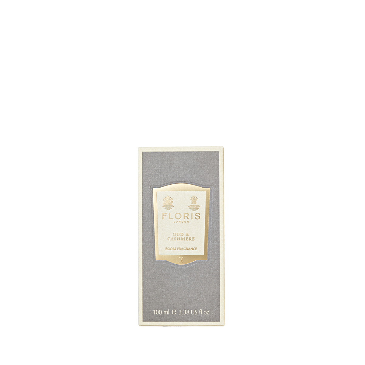 A rectangular Floris London Oud & Cashmere - Room Fragrance box with a gold and grey label, containing 100 ml (3.38 US fl oz).