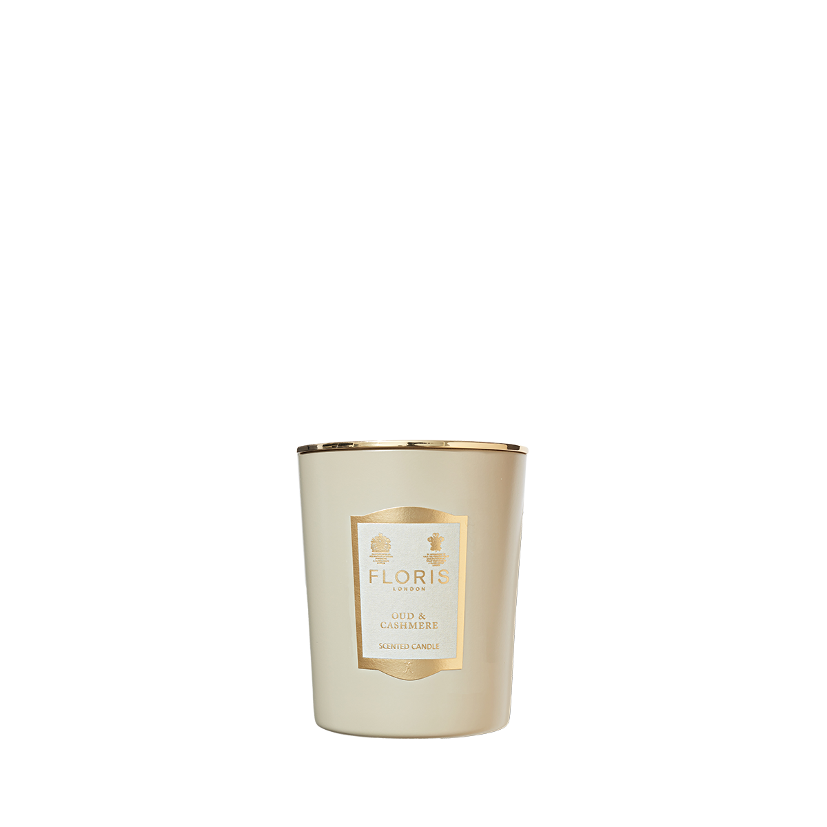 Floris London Oud & Cashmere Candle—cream-colored, gold-trimmed glass holder—adds luxe fragrance to your space. Shown on a white background.