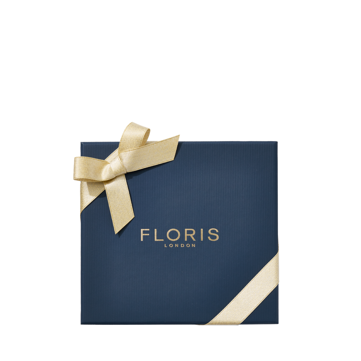 A square navy blue gift box with a gold ribbon and "Floris London EU" in gold—featuring Perfumer's Trilogy: For Her—set on a white background.