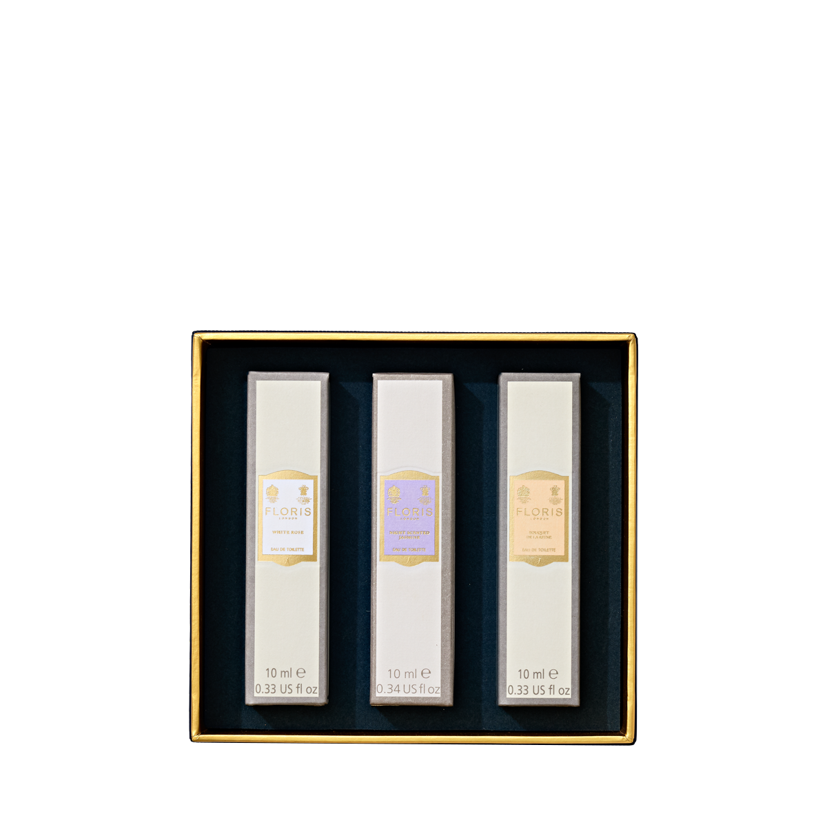 The Perfumer's Trilogy: For Her by Floris London EU features three 10ml floral scents in a black and gold box—ideal as a luxe gift for her.