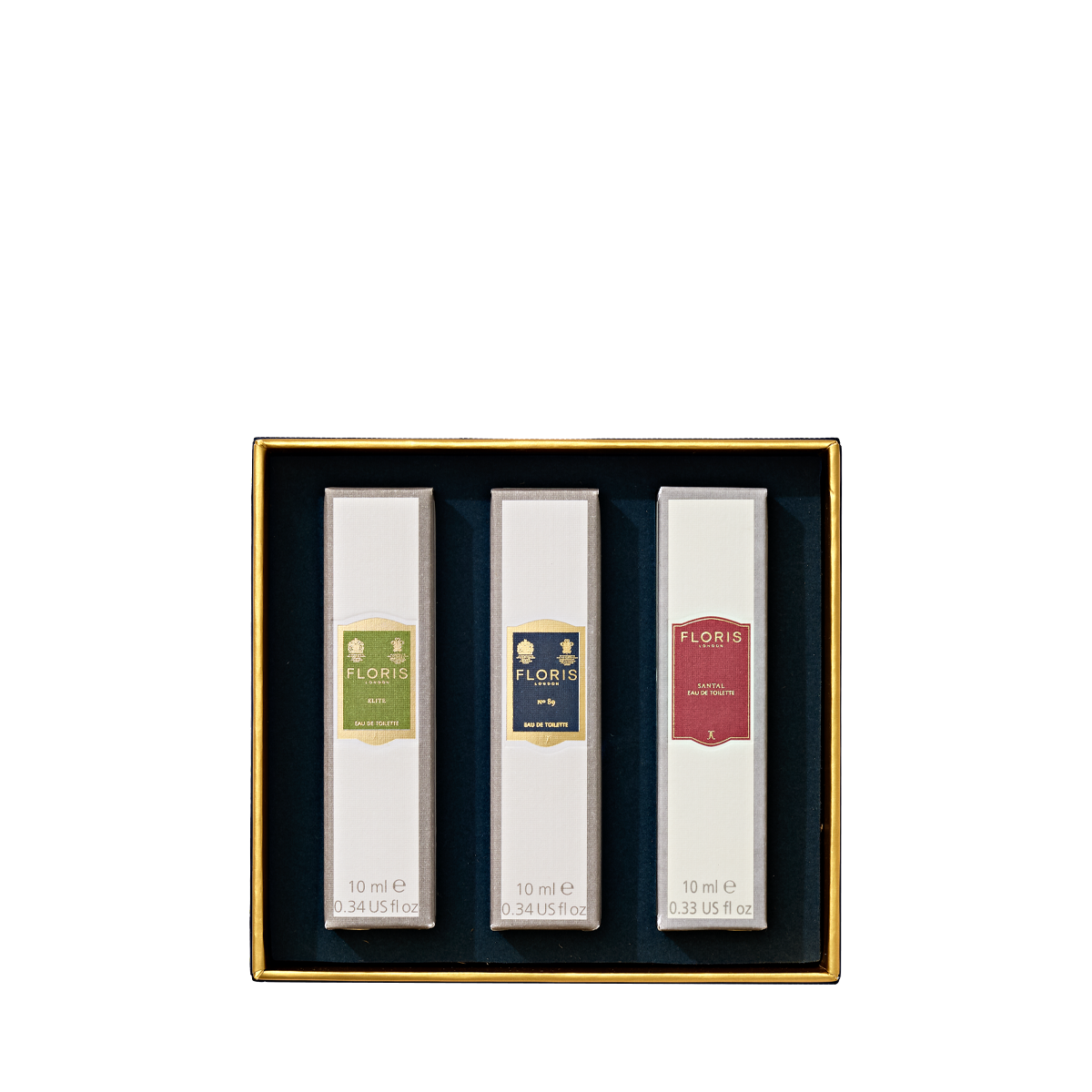 Floris London EU Perfumer's Trilogy: For Him—three 10ml men's fragrances in a black, gold-edged tray—makes the perfect festive gift.