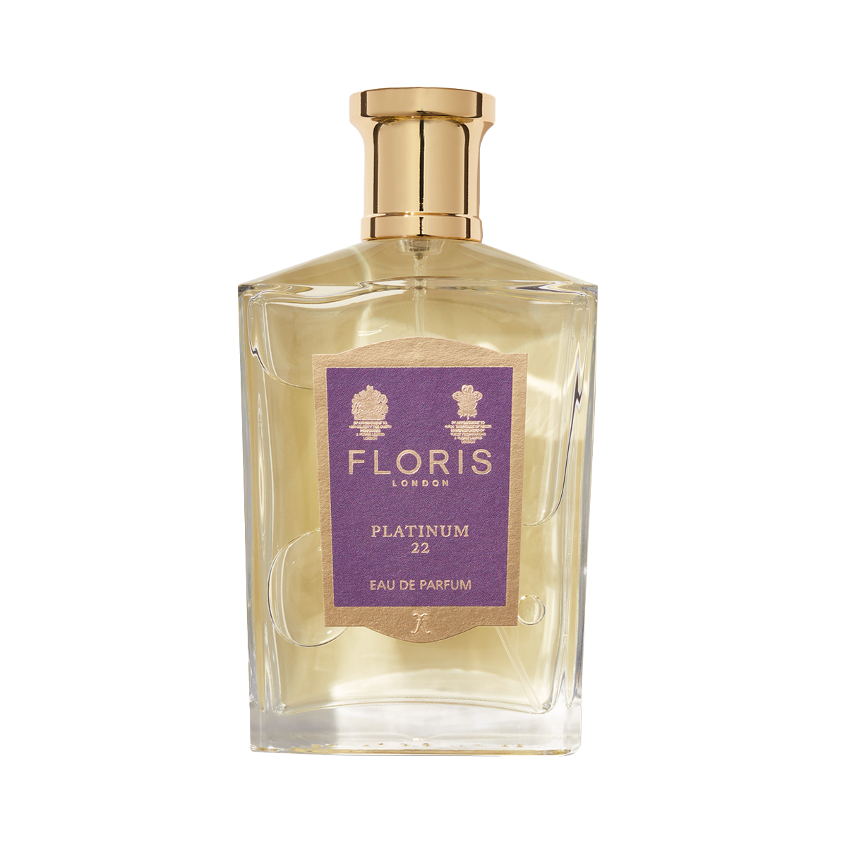 A clear glass bottle of Floris London EU Platinum 22 Eau de Parfum with a gold cap and purple label, created to honor Queen Elizabeth II.