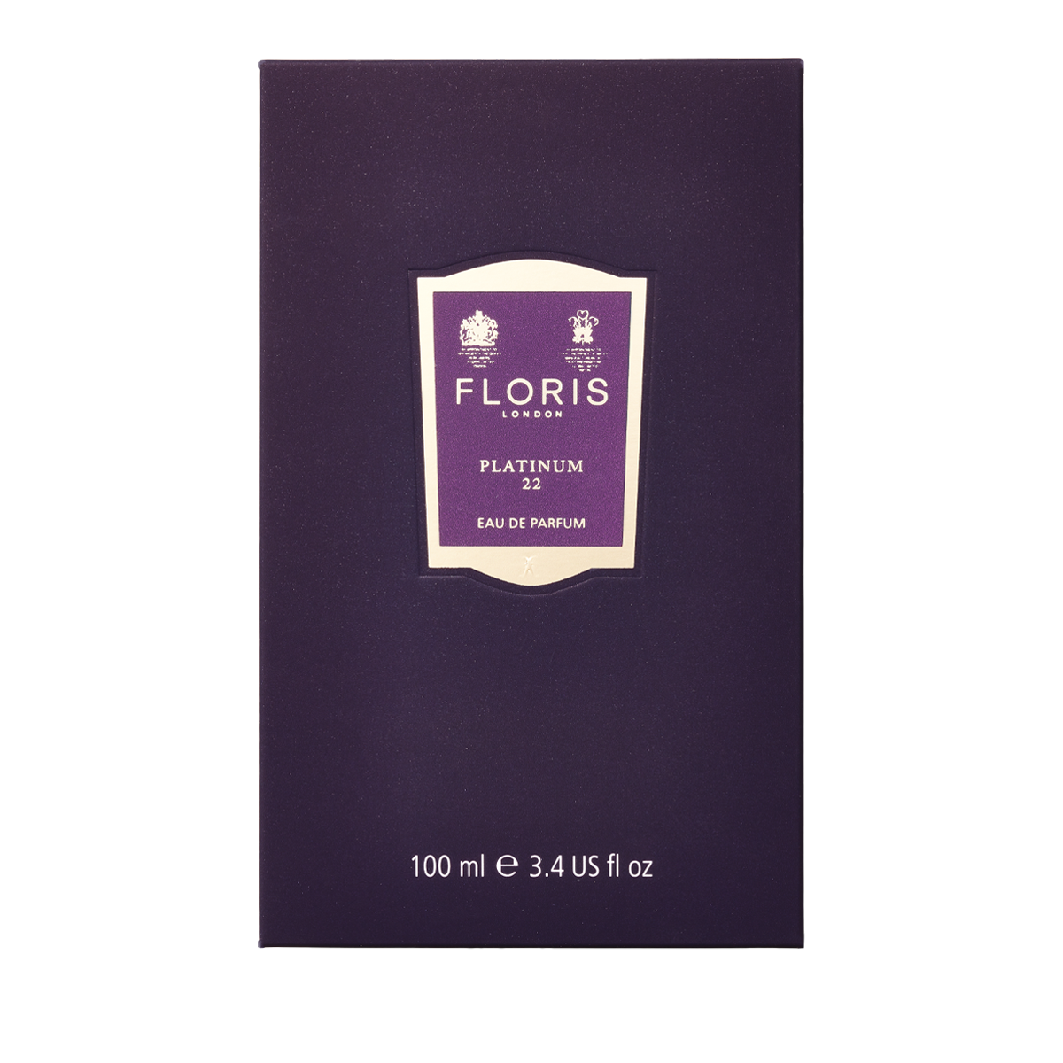A rectangular purple box of Floris London EU Platinum 22 - Eau de Parfum, a fragrance inspired by Queen Elizabeth II's Platinum Jubilee.