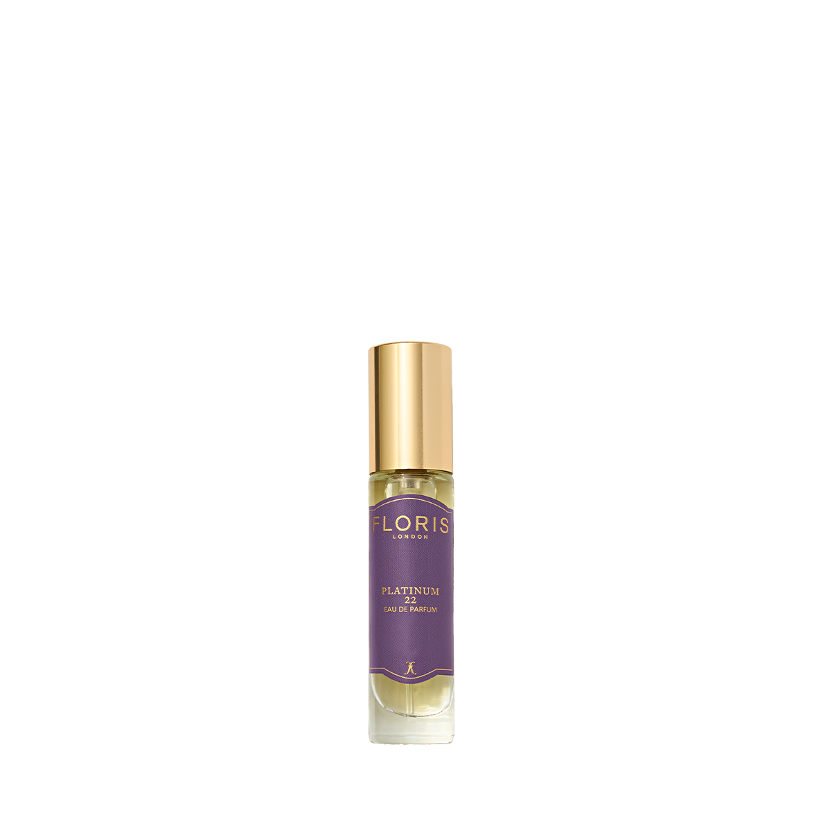A small glass bottle of Floris London EU Platinum 22 - Eau de Parfum with a gold cap and purple label, inspired by Queen Elizabeth II.
