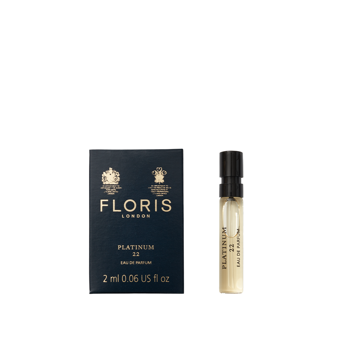 A small box and a 2 ml spray vial of Floris London EU Platinum 22 - Eau de Parfum are displayed side by side against a plain white background.