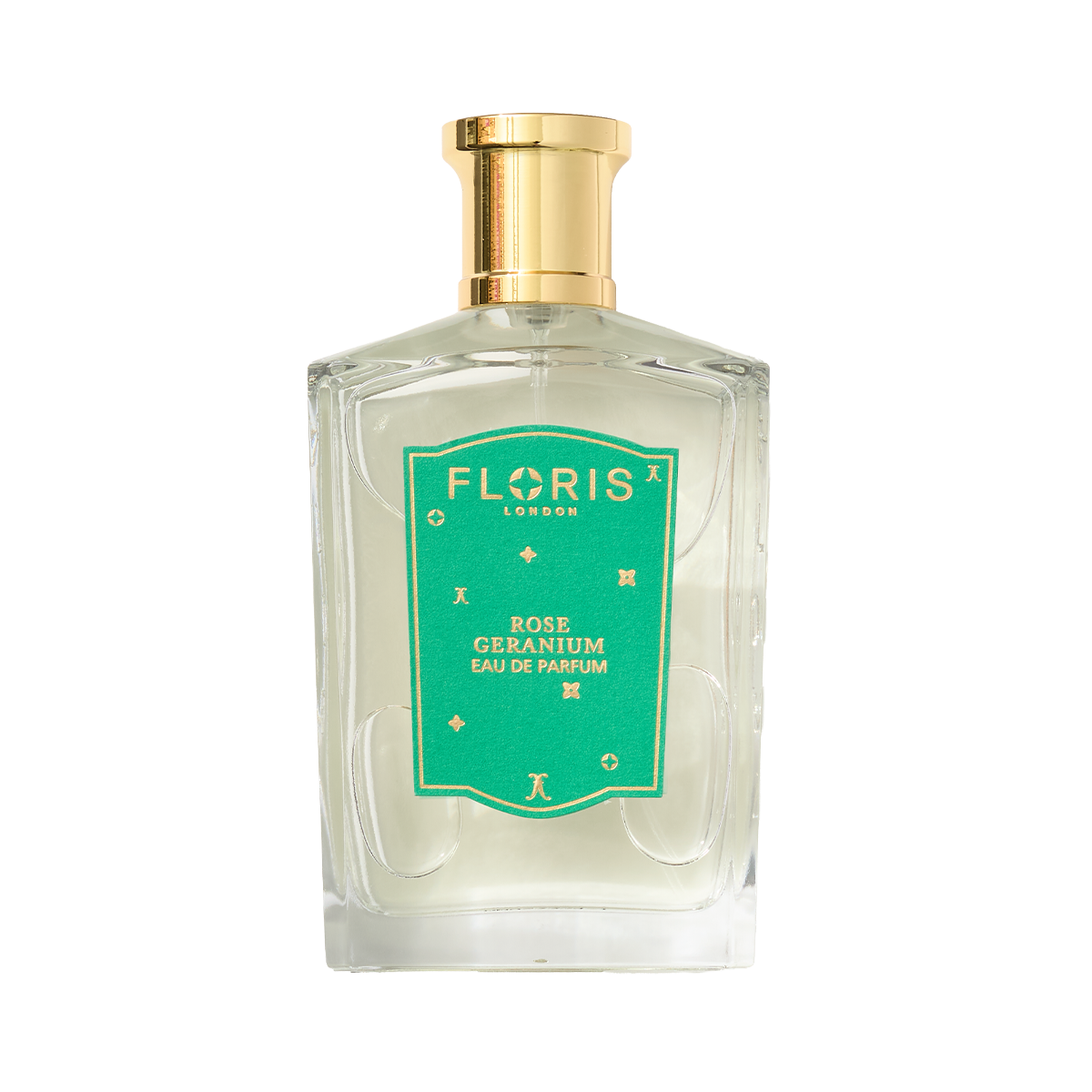 A clear glass bottle of Floris London EU’s Rose Geranium | Limited Edition Eau de Parfum with a green label and gold cap, on a white background.