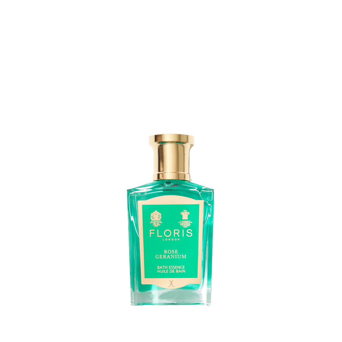 A green glass bottle of Floris London Rose Geranium - Bath Essence with a gold cap and green label, shown on a white background.