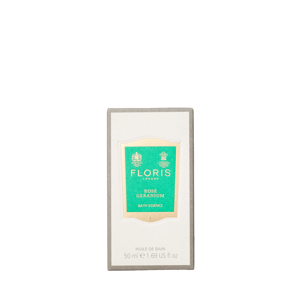 A 50ml box of Floris London Rose Geranium Bath Essence, a skin-softening bath perfume with a green and gold label displaying product details.