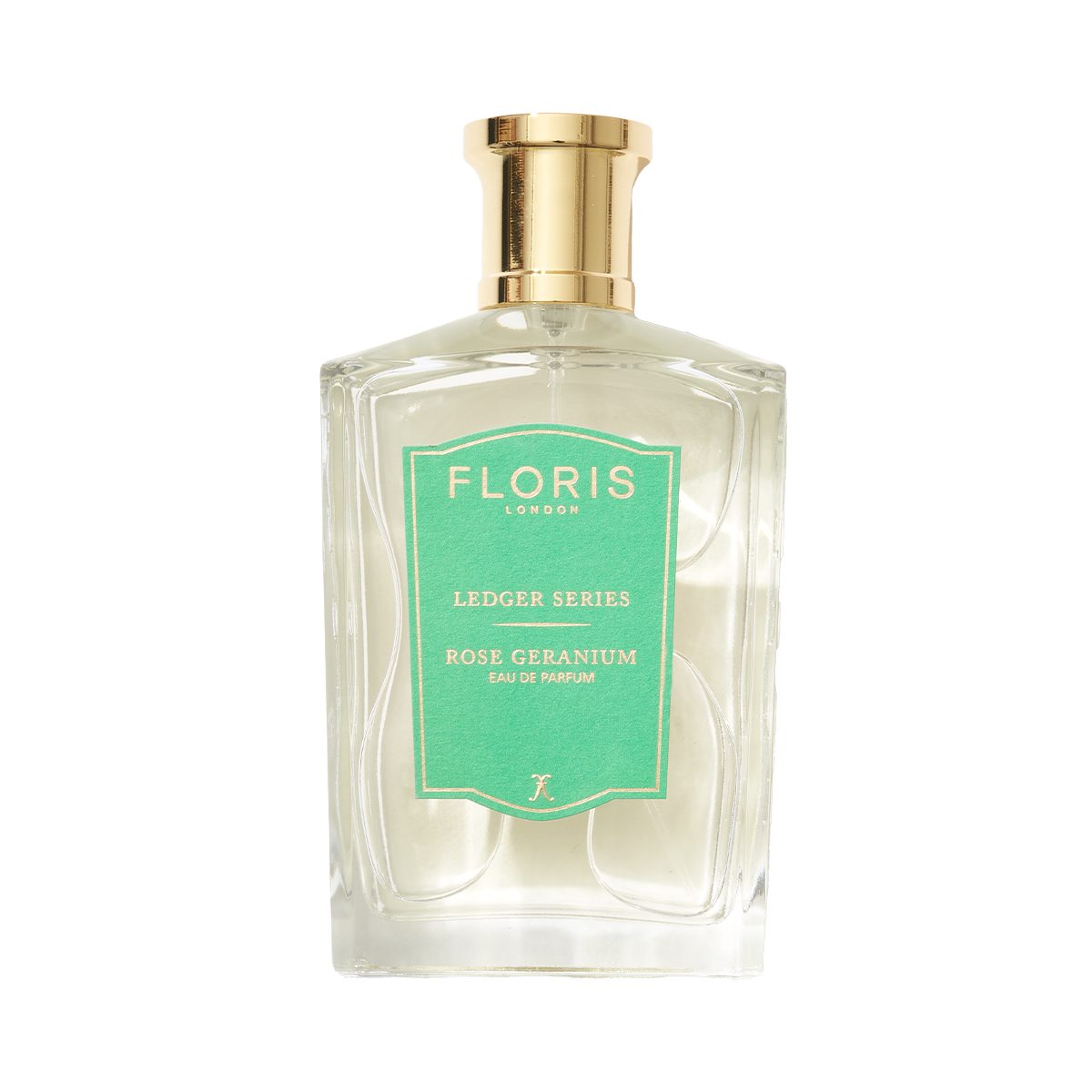 A clear glass bottle of Rose Geranium by Floris London EU, featuring a gold cap, green label, and notes of cedarwood and geranium.