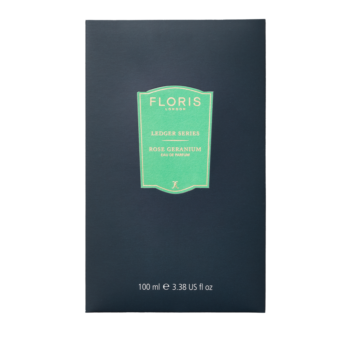 A dark box displays Floris London EU Rose Geranium Eau de Parfum, with notes of rose and cedarwood, and a green label on the front.