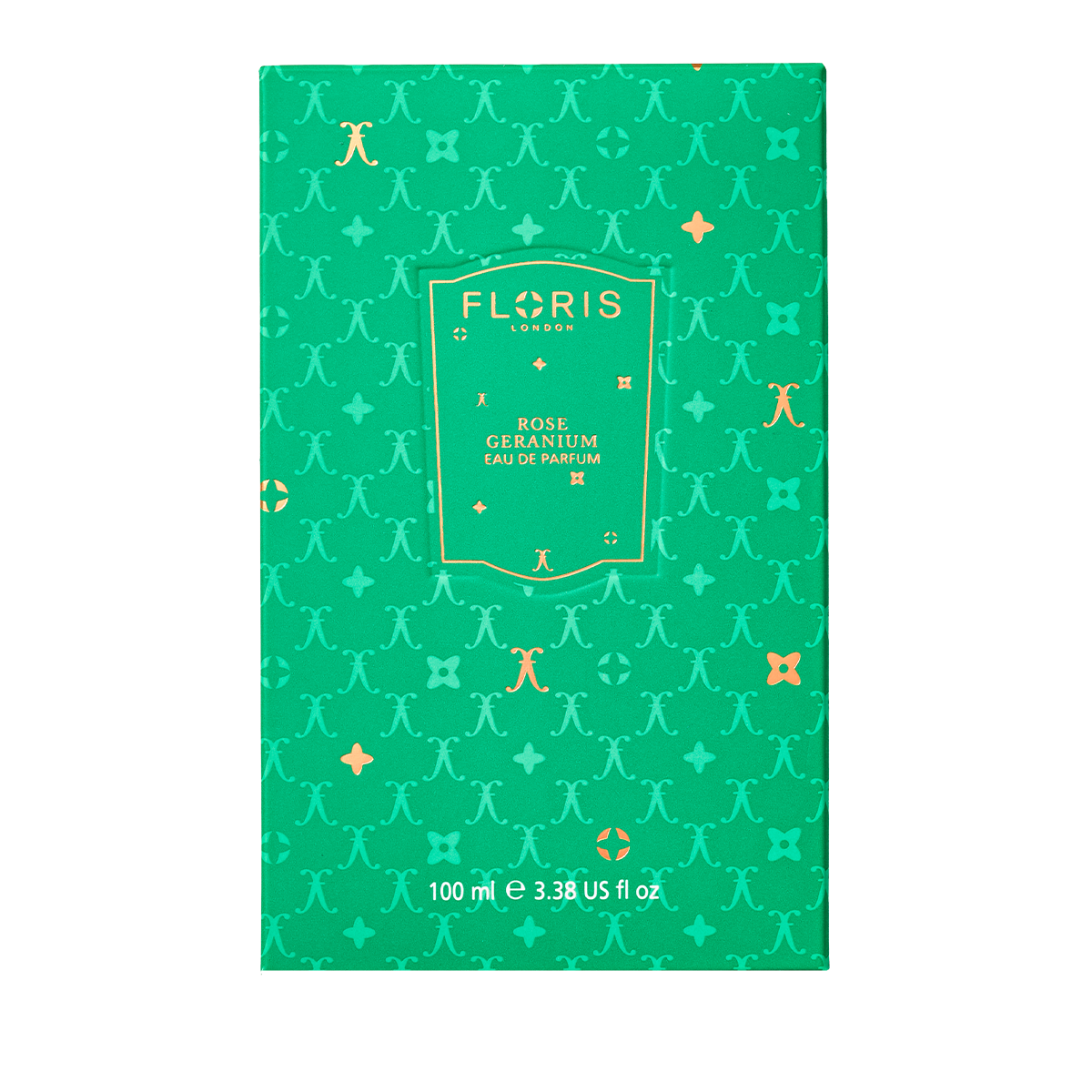 A green Floris London EU Rose Geranium | Limited Edition box with gold and orange patterns, containing 100 ml (3.38 fl oz) Eau de Parfum.