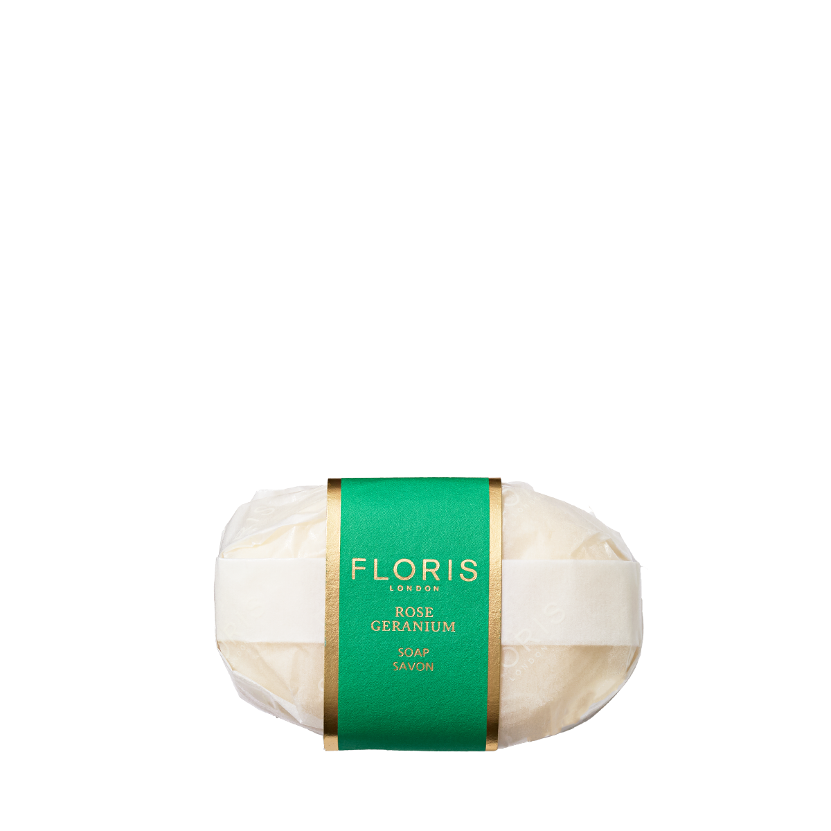 A finely milled Floris London EU Rose Geranium Soap with a green and gold label is shown against a plain white background.