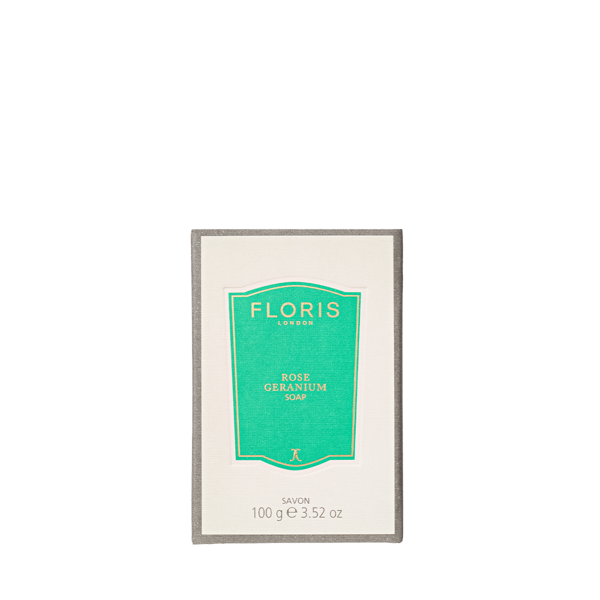 Floris London EU Rose Geranium Soap, 100g bar, in rectangular packaging with a teal label, silver-gray border, and a classic floral scent.