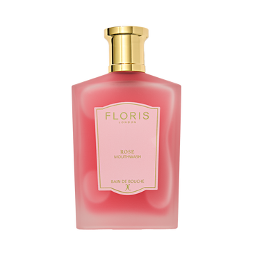 A Floris London Rose - Mouthwash in a frosted pink bottle with a gold cap and label is shown on a white background.