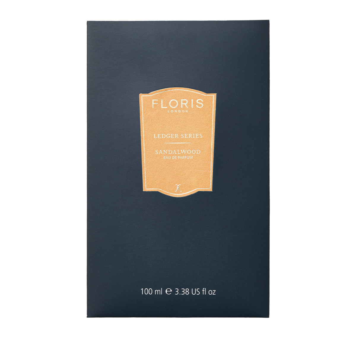A navy blue Floris London EU Sandalwood Eau de Parfum box, 100ml, with a gold label and a rich Mysore sandalwood aroma.