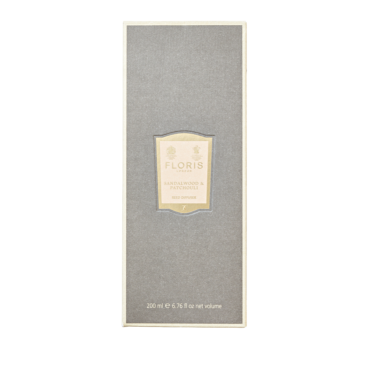 A rectangular gray box labeled "Floris London Sandalwood & Patchouli - Reed Diffuser," 200 ml, features woody amber notes and a centered label.