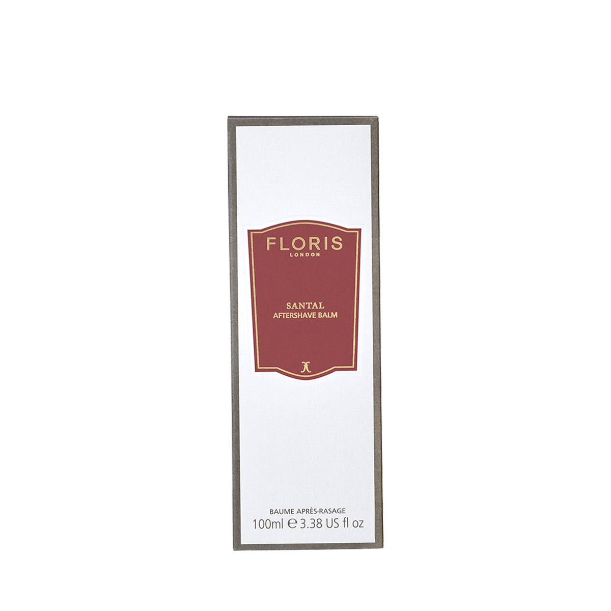A rectangular box of Floris London Santal - Aftershave Balm, 100ml, with a white label and red central design shown against a plain background.