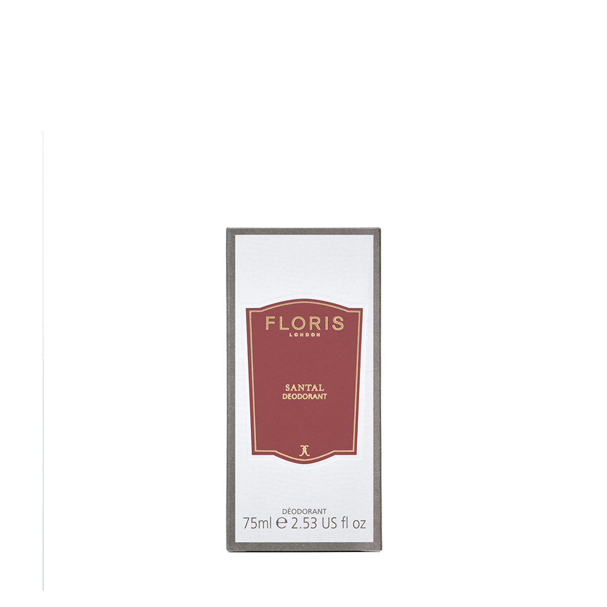 A 75ml rectangular box of Floris London Santal Deodorant Stick with a red and gold label shown on a white background.
